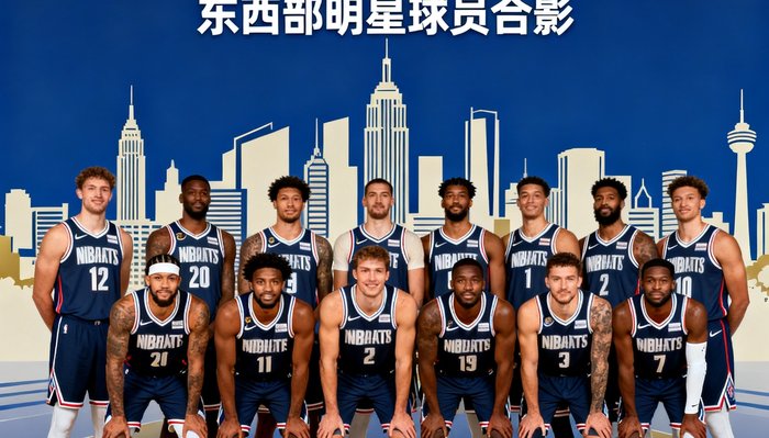 NBA全明星赛官方海报展示东西部明星球员合影，背景是举办城市的天际线轮廓