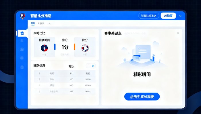 JRS低调看直播网站界面截图，展示新版智能比分推送和AI摘要功能的操作演示